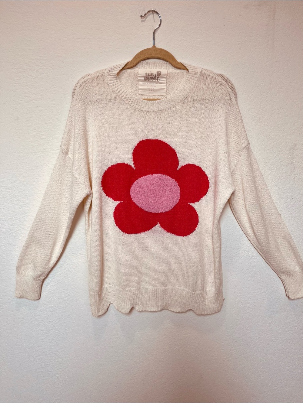 Flower Power Whimsy Lightweight  Knit With A Colorful Red Flower and Pink Center